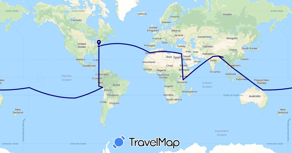 TravelMap itinerary: driving in Australia, Chile, India, Jordan, Cambodia, Morocco, Nepal, Peru, Portugal, Tanzania, United States, Samoa (Africa, Asia, Europe, North America, Oceania, South America)